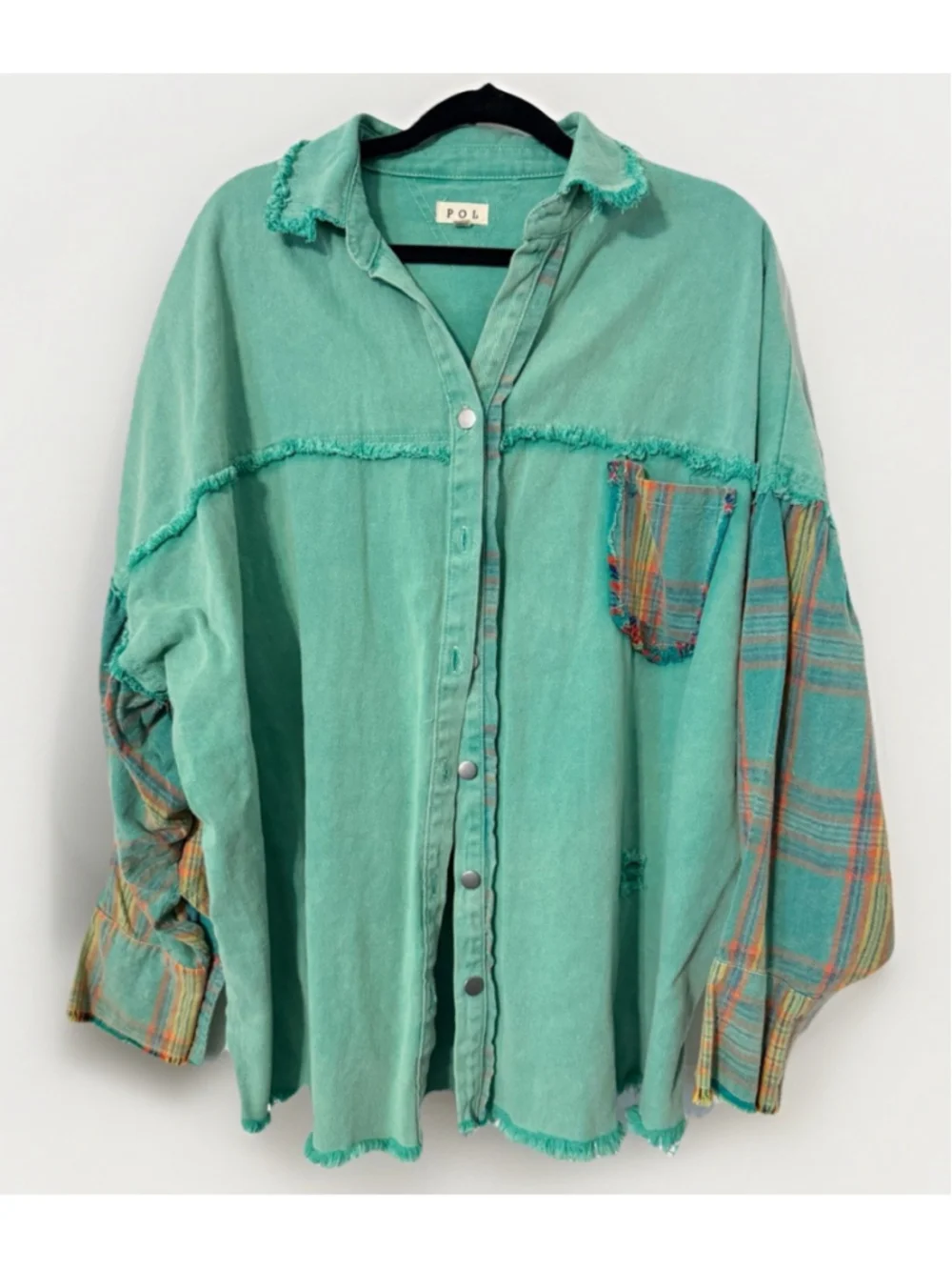 POL Boho Patchwork Jacket m Raw Hem Plaid Sleeve Oversized Cotton 2XL - Picture 3 of 7